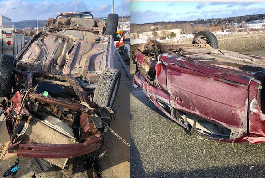 Nova Scotia RCMP shared two photographs showing a red Chevy Cobalt that flipped over on Highway 125 headed westbound toward the Sydney River exit.