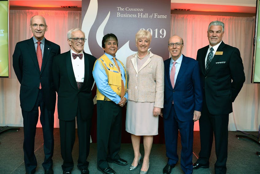 There were four new inductees into the Canadian Business Hall of Fame on Wednesday. The ceremony, which was held at the Metro Toronto Convention Centre, is hosted each year by Junior Achievement Canada. This year’s inductees included North Sydney native and NRStor Inc. CEO Annette Verschuren. From left are David F. Denison, chancellor of the Order of the Canadian Business Hall of Fame; inductees Claude Lamoureux, a retired president and CEO of the Ontario Teachers’ Pension Plan; Clarence Louie, chief of the Osoyoos Indian Band; Verschuren; and Stephen J.R. Smith, chairman and CEO of First National Financial Corp.; along with Scott Hillier, president and CEO of JA Canada. The hall of fame was founded in 1979 and celebrates the outstanding achievements of Canada’s most distinguished business leaders. CONTRIBUTED/CANADIAN BUSINESS HALL OF FAME