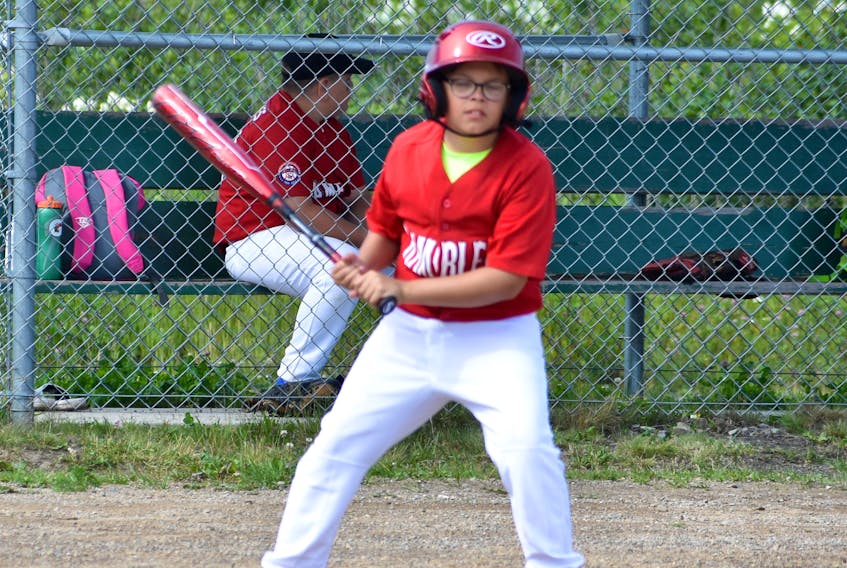 Diego Bautista Cordy of the Sydney Mines Ramblers takes a high pitch during a game against the Glace Bay Antonians at the Baseball Nova Scotia under-11 classification tournament at Tucker Ball Field in New Waterford on Sunday. The score result was not available at press time.