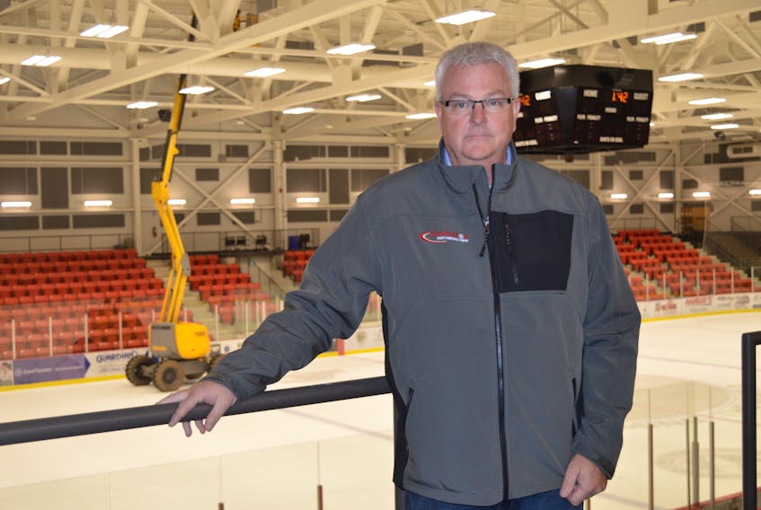 Paul Carroll, above, is general manager of the Membertou Health and Wellness Centre, shown in the this photo. Work is underway on the installation of sound buffering panels at the facility, intended to improve the experience of those attending events there.