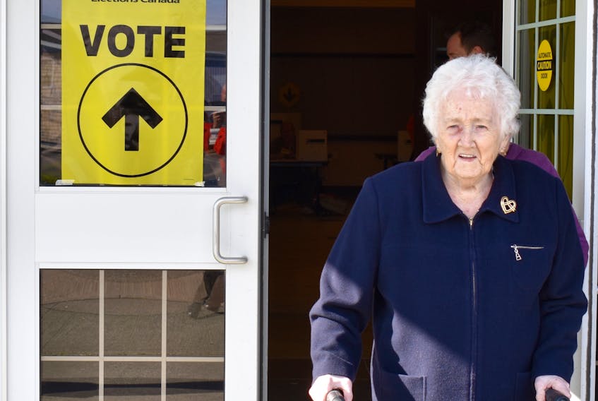 Rodena Moore leaves the polling station at the John J. Nugent Firemen’s Centre in Sydney Mines after casting her ballot in Monday’s federal election. The 102-year-old Cape Breton woman says “voting is a privilege” and that she cannot remember ever missing an opportunity to cast a ballot.