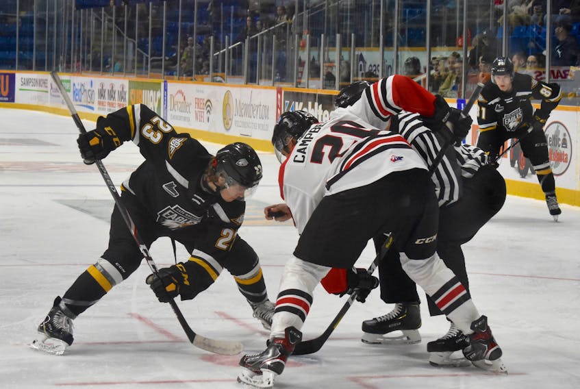 Cape Breton Eagle’s Brooklyn Kalmikov, shown here taking a faceoff against former teammate Isiah Campbell during a game against Drummonville Voltigeurs earlier this season, has yet to miss a game. The 18-year-old forward has eight goals and 10 assists in 23 games played thus far this season. Kalmikov and the Eagles are back in action this weekend when they host a pair of games at Centre 200.