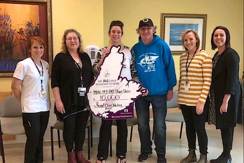 The 2019 Mako My Day Shark Fishing Derby held in Louisbourg in August raised $10,000 for the Cape Breton Regional Hospital Foundation, to be used for renovations to the renal dialysis waiting area. Derby organizers Alison Bussey (holding sign) and Jeff Mills (right of Bussey) dropped of their donation on Nov. 19 and also visited the newly renovated second ICU room, also funded by the event. Pictured here are (from left): Colleen MacKinnon, Anna Deveaux, Bussey, Mills, Krista Smith and Cheryl Marsh, from the hospital foundation.