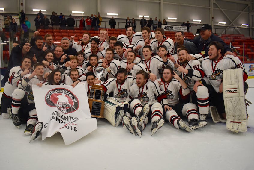 Members of the Atlantic junior ‘B’ hockey champion Kameron Junior Miners gathered for the traditional post-win photograph after capturing the 2018 Don Johnson Memorial Cup with a 4-1 victory over Newfoundland and Labrador’s Mount Pearl Junior Blades on April 29 at the Membertou Sport and Wellness Centre. The team will raise the championship banner on Saturday.
