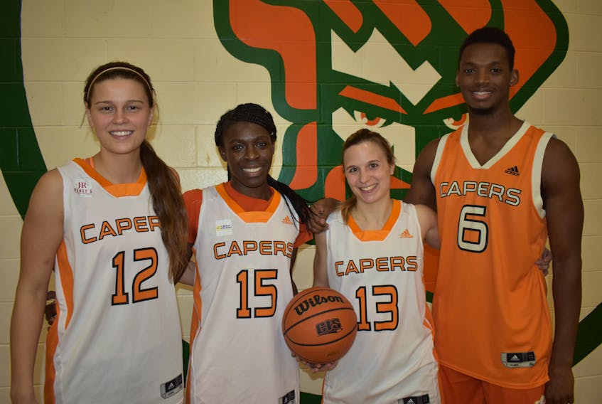 Four Cape Breton Capers basketball players will suit up for the final time at Sullivan Field House Friday night. From left are Alison Keough, Sandra Amoah and Valentina Primossi with the women’s team and Kyle Hankins of the men’s team.