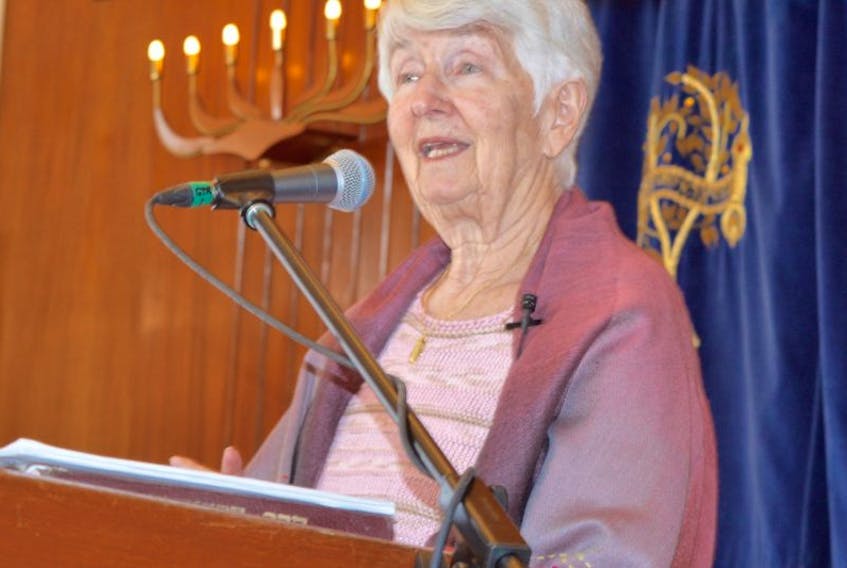 Holocaust survivor Hedy Bohm speaks to the crowd during the annual Yom Hashoah Holocaust Remembrance Service at the Temple Sons of Israel in Sydney on Sunday. Bohm was the guest speaker for the service and shared her story with those in attendance.