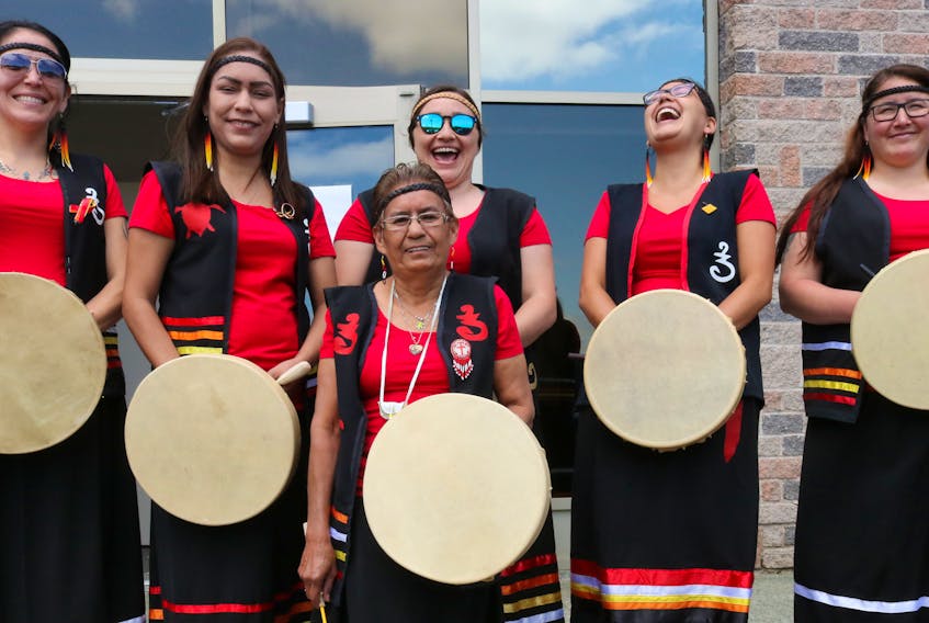 The Eskasoni Women's Drum Group performed during the Union of Nova Scotia Mi’kmaq. From left, Nikkita Dennis, Jolita Lafford, Lacey Young, Chakira Young and Sarah Rose Denny; front, Joanie Lafford.