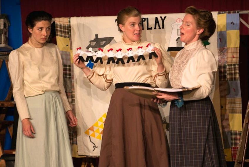 Gracie Robbin, from left, Hannah Ziss and Christy MacRae-Ziss are seen acting during a performance of “The Young Ladies of Baddeck Club.”