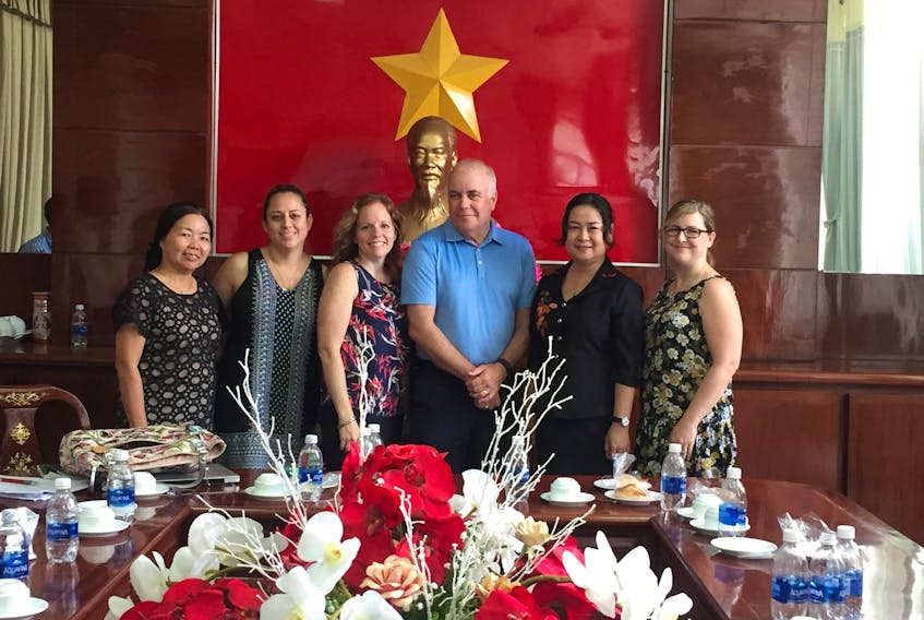 Among those taking part in meetings during an exchange to Vietnam earlier this year were, from left, vice-chief of secretariat-chief accountant Mme. Thi Vien; Coun. Perla MacLeod of Victoria County; Carla Arsenault, chief operating officer of the Cape Breton Partnership; Warden Bruce Morrison of Victoria County; president of the Association of Cities of Vietnam and Deputy Mayor of Can Tho municipality Mme. Vin; and Mayor Brenda Chisholm-Beaton of the Town of Port Hawkesbury. SUBMITTED PHOTO