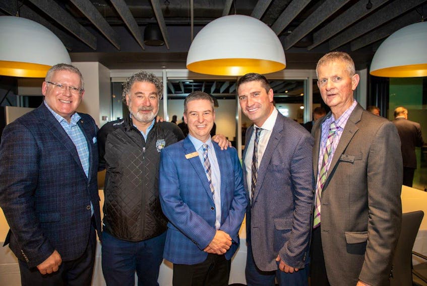 A reception was held in Toronto earlier this week to support the Cape Breton Regional Hospital Foundation. From left, Cape Breton Regional Municipality Mayor Cecil Clarke, Irwin D. Simon, foundation CEO Brad Jacobs, Nova Scotia Business Minister Geoff MacLellan and foundation chair Stan MacDonald.