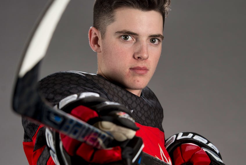 Drake Batherson wears a Hockey Canada jersey after being selected to represent the country at the 2018 IIHF World Junior Hockey Championships.