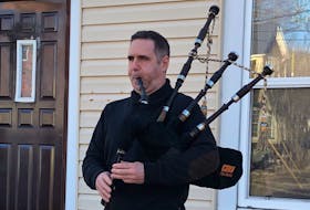 Ryan MacNeil performed a rendition of "Amazing Grace" on George Street in Sydney at 8 a.m. on Friday. He and bagpipers around the world were performing at that time to honour those who died in recent mass shootings in Nova Scotia.