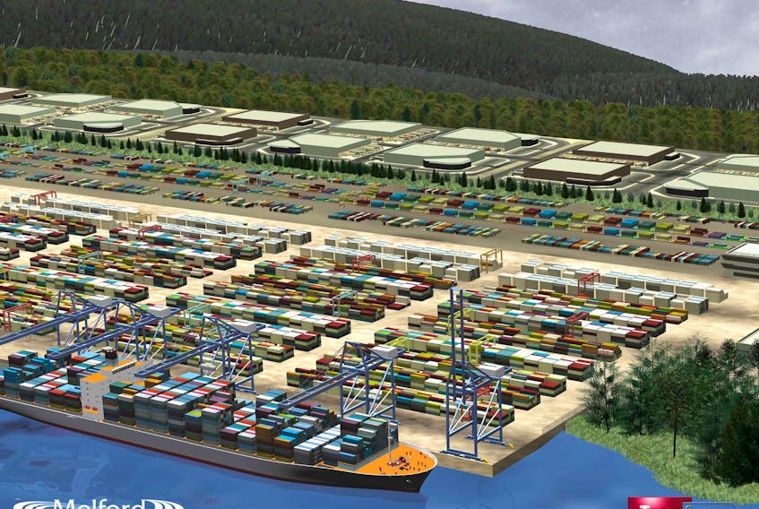 The proposed container terminal at Melford along the Strait of Canso has awarded its detailed engineering contract as well as contracted Port Hawkesbury Paper to clear the site of the proposed development. Shown above is a conceptual image of what the site might look like when it’s up and running.