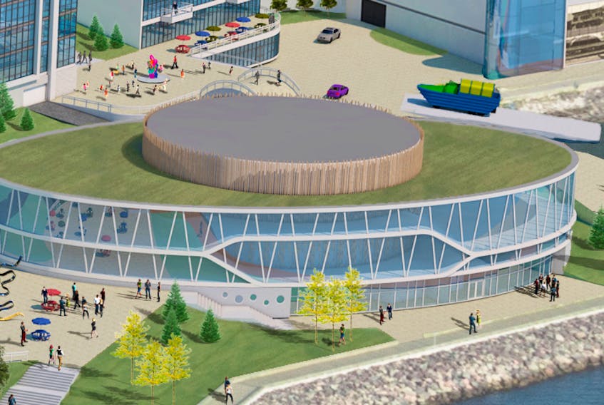 Shown above is a zoomed-in view of a conceptual image of the proposed new Sydney library that could be built on the waterfront as part of a much larger multi-million-dollar development planned by a group of developers, which now includes the Membertou First Nation, and is led by Marty Chernin of Harbour Royale Development Ltd.