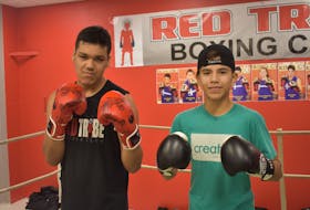 Marshall Marshall, left, and Xzorion Marshall stand in the ring prior to training for the Red Tribe Boxing card, scheduled for this weekend in Eskasoni. The 15-year-olds will both be on the card.