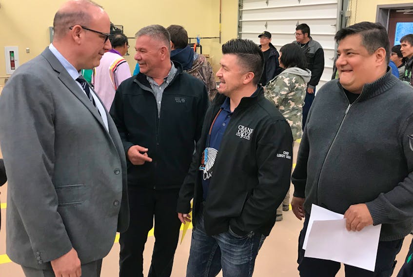 Department of Labour and Advanced Education Minister Labi Kousoulis was in Wagmatcook First Nation community Friday, joining chiefs and students for the formal launch of the enhanced direct entry carpentry program. Shown in the above photo, from left: Chief Norman Bernard, Wagmatcook; Chief Leroy Denny, Eskasoni; and Alex Paul, executive director, Mi’kmaw Economic Benefits Office.