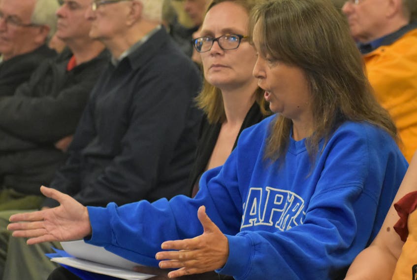 During the presentation, Dawn Reid, right, could be seen talking heatedly with her friends about why closing the hospitals wasn’t going to work.