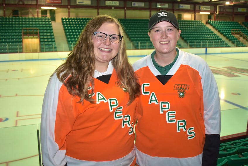 The Cape Breton Capers women’s hockey team will return to the East Coast Women’s Hockey League this season after not icing a team for the past three seasons. From left are members of the team, Kaitlynn Hayes and Victoria MacIntyre.