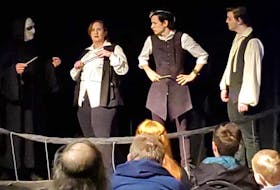 The title characters of “The Three Brothers” face a challenge from Death played by Lord Voldemort in FanFiction Theatre’s presentation at CaperCon 2019. From left, Tony Hajjar, Gena DiFlavio, Graeme McNabb, Jesse McLean-Grant. Contributed/CaperCon
