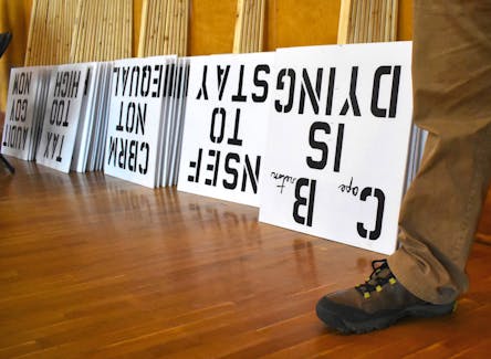 Signs made by the Nova Scotians For Equalization Fairness will be in use again during a protest in front of Sydney’s provincial building today from 4-5:30 p.m.