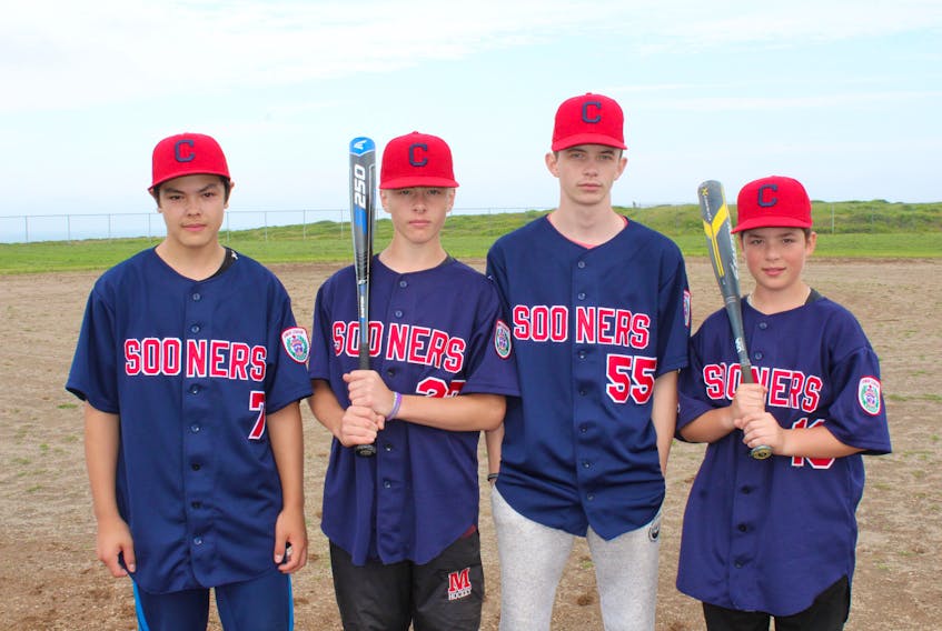 The Cape Breton Sooners will participate in the 2019 Canadian Junior Little League Championship next week in Lethbridge, Alta. The Sooners will begin the tournament against the host Lethbridge on Sunday. Members of the team are shown following batting practice on Thursday at Table Head Field in Glace Bay. From left, Gahan Rector, Brayden MacDonald, Cory MacAdam and Garrett MacIntosh.