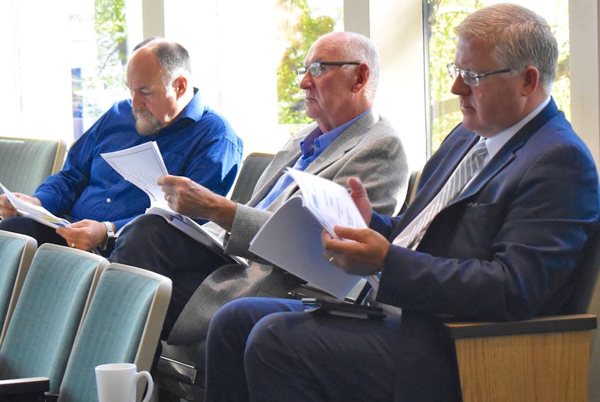 CBRM councillors Eldon MacDonald, left, and George MacDonald, centre, and Mayor Cecil Clarke follow the proceedings of the municipality’s audit committee during a meeting Thursday at city hall. The trio heard from an independent accounting firm that all is good with the CBRM’s 2018-2019 budget numbers and that the municipality ended the last fiscal year with an operating fund surplus of $360,000. However, Mayor Clarke said the audit recognizes the financial challenges facing the CBRM and further validates a recent viability study that found the municipality will not be fiscally viable in the future unless it finds additions streams of revenue.