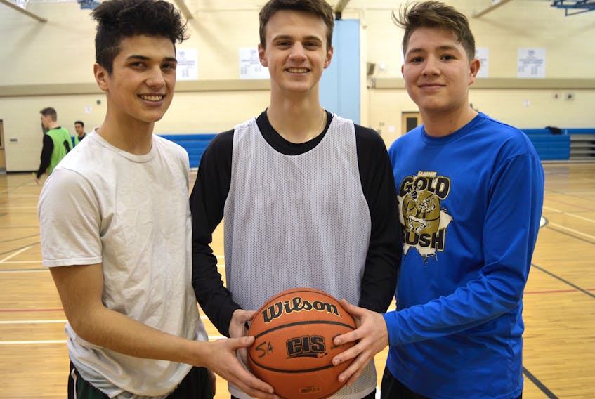 Sydney Academy Wildcats co-captains, from left, Jaiden Davis, Jason Callaghan and Dre Toney are ready to host the Nova Scotia School Athletic Federation Division 1 boys basketball championship starting Thursday at Sydney Academy gym.