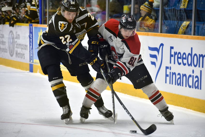 Jordan Ty Fournier, left, of the Cape Breton Screaming Eagles ties up Xavier Simoneau of the Drummondville Voltigeurs during Quebec Major Junior Hockey League playoff action Monday at Centre 200. The teams clash again for Game 4 Wednesday in Sydney, a 7 p.m. start.