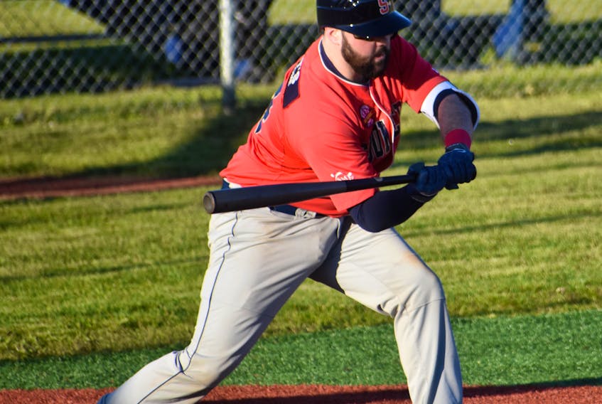 Josh Forrest of the Sydney Sooners checks his swing during a Nova Scotia Senior Baseball League game earlier this month at Susan McEachern Memorial Ball Park in Sydney. The Sooners will take to the field this weekend for a three-game series against the Kentville Wildcats.