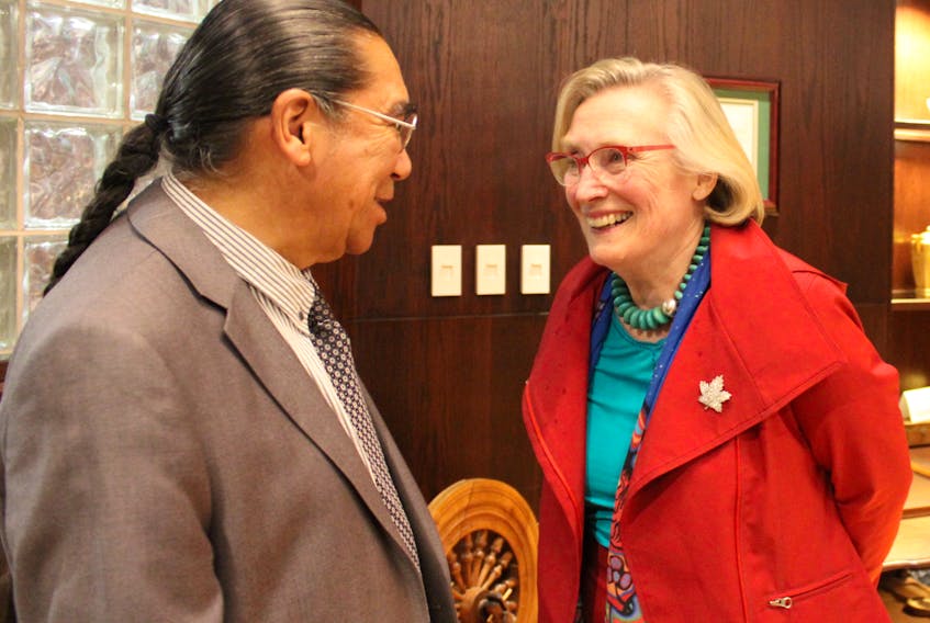 Canada’s Crown-Indigenous Relations Minister Carolyn Bennett, right, speaks to Stephen Augustine, Cape Breton University associate vice-president of Indigenous Affairs and Unama'ki College, at Cape Breton University on Monday. Bennett was in Cape Breton as part of the national consultations on the framework for legislation that the federal government says will better recognize Indigenous rights in the Constitution.