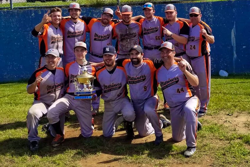 The Isle Madame Mariners captured its first-ever Richmond Amateur Baseball Association championship on Sunday, defeating the Little Anse Hawks 12-10 in Petit de Grat. Members of the team are, from left, front row, Lloyd Samson, Zack Bond, Dylan David, Jimmy Bungay and Mike Diggdon (coach). Back row, Dobson Boudreau, Drake Boudreau, Travis Landry, Ethan Dorey, Joel Fougere, Callum Boudreau and Shawn Samson (coach).
