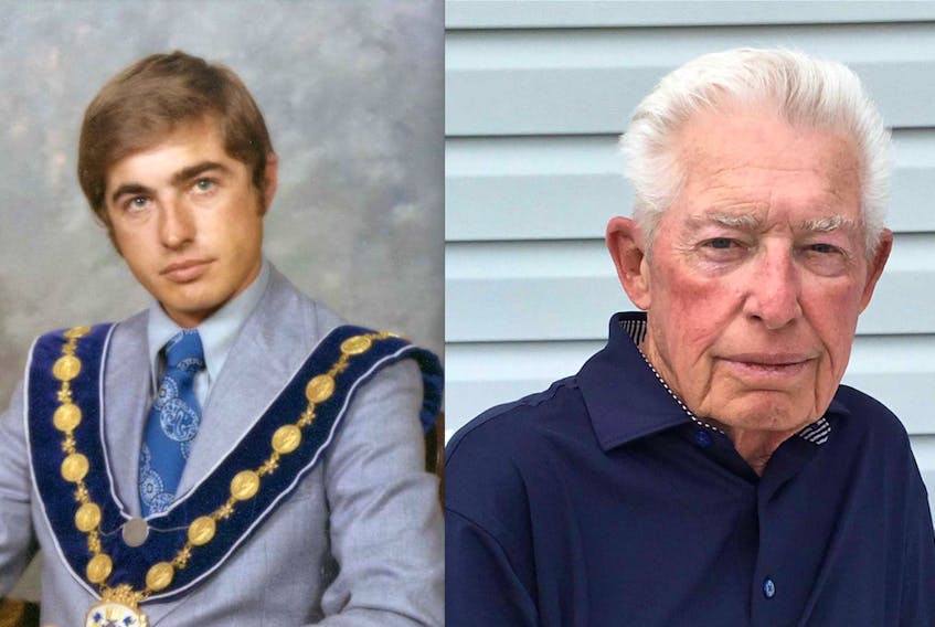 At left, the late Earle Tubrett shortly after becoming the mayor of Sydney in 1972 and, at right, Tubrett, shown in a recent photograph.