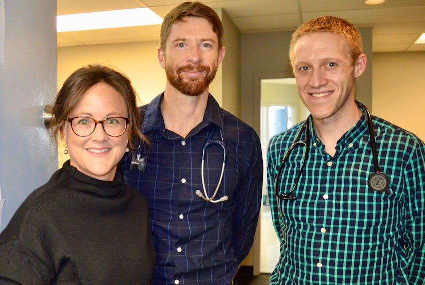 Dr. Kylene MacKillop, from left, Dr. Ian Doyle and Dr. Matthew Ernst are opening the doors of their temporary clinic at the Medical Arts Building, Kings Road, on Oct. 7. They are inheriting the patient panel of Dr. Reggie Sebastian who will remain in Cape Breton but perform other medical duties. While the practice is full and won’t be accepting any new patients at this time, they will notify the public if that policy changes.