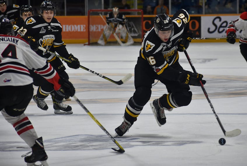 Egor Sokolov of the Cape Breton Screaming Eagles breaks into the zone during Quebec Major Junior Hockey League playoff action Wednesday at Centre 200. Cape Breton lost the game, 4-1.