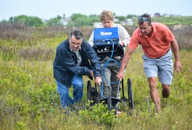 Dale Romeo, left, and Gary Gallop, right, are shown guiding a ground-penetrating radar machine as Maura McKeough conducts a survey near the Chapel Point Battery in Sydney Mines on Thursday. The Atlantic Memorial Park Society hopes to use the survey results to identify where a possible pioneer graveyard is located near the command post.