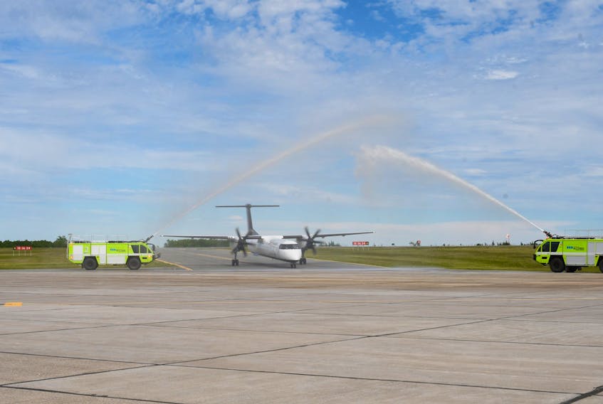 A water cannon salute welcomes the inaugural Air Canada flight between Montreal and Sydney on Thursday afternoon at J.A. Douglas McCurdy Sydney Airport. It will be a seasonal service that will continue until Oct. 26. FACEBOOK/J.A. DOUGLAS MCCURDY SYDNEY AIRPORT