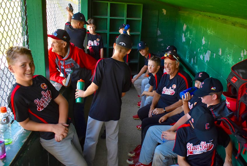 The Glace Bay McDonald’s Colonels are shown in their dugout at the Cameron Bowl following a team practice on Sunday morning. The five-time national champion Colonels, who finished second last year in Québec, will once again be Atlantic Canada’s representatives at the Canadian Little League Championship this week in Ancaster, Ont. The 12-player squad was relaxed as they joked around with long-time team manager Henry Boutilier, centre right. The Colonels travel on Tuesday and are scheduled to play their first game on Thursday.