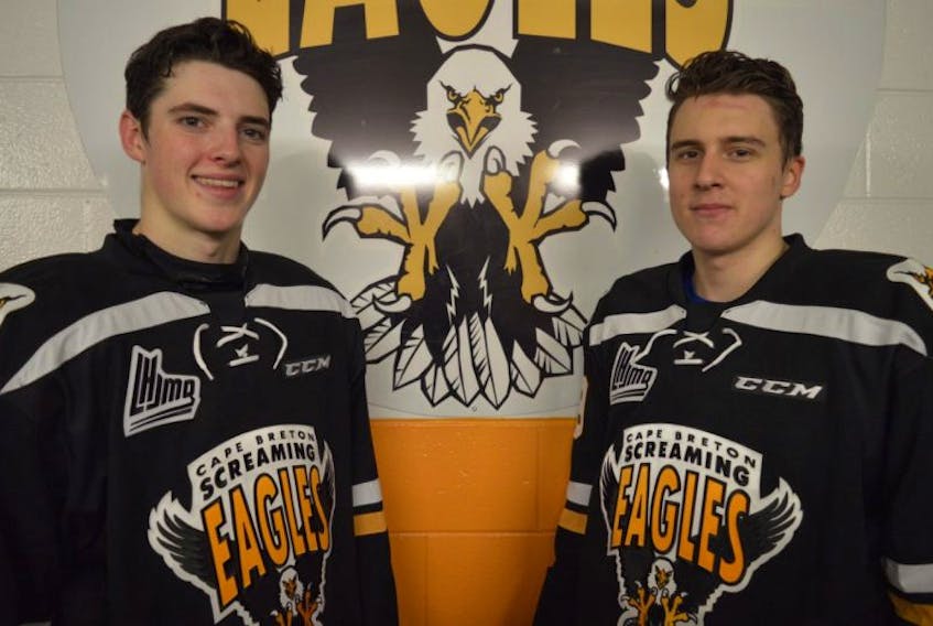 Drake Batherson, left, and Leon Gawanke of the Cape Breton Screaming Eagles are back from their respective NHL training camps and ready for the team’s home opener tonight at Centre 200 against the Acadie-Bathurst Titan.