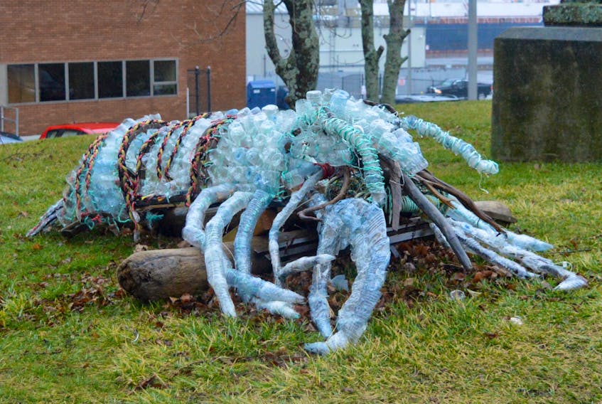 This giant plastic lobster sculpture on Sydney’s waterfront will soon be moving to a new home in the historic fishing village of Louisbourg. The educational artwork shows that what we toss out never really goes away. Along with its body of discarded water bottles, the creature is also comprised of pieces of fishing industry gear that washed up on Cape Breton shores.