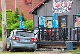 A Dodge Journey SUV crashed into the front steps of the Jailhouse Eatery on George Street in Sydney on Monday evening. The driver of the vehicle fled the scene shortly before a Cape Breton Regional Police Service car arrived and an officer pursued the driver on foot. A number of bystanders pulled over to assist before police arrived. There didn’t appear to be any injuries as a result of the incident.