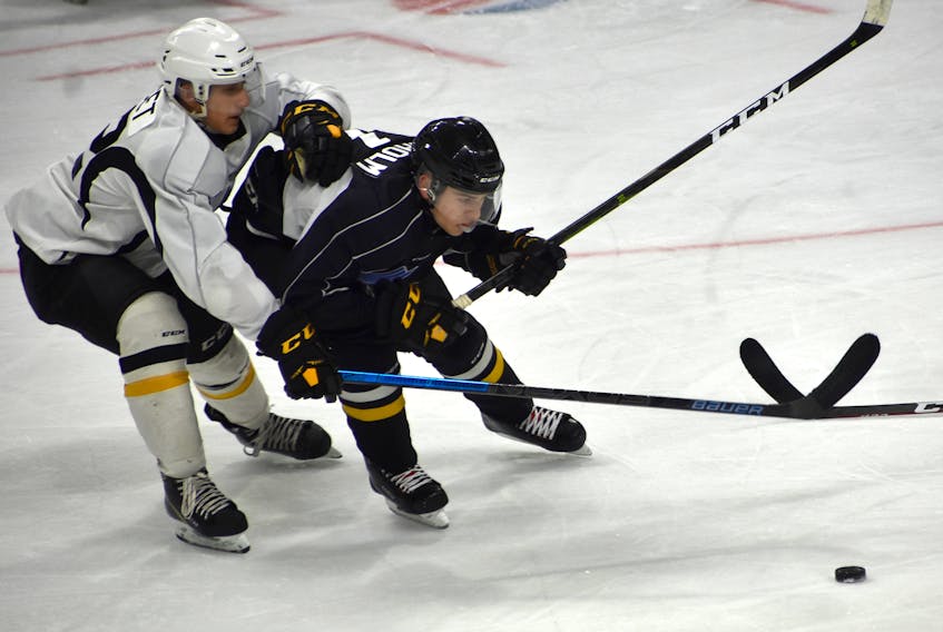 Connor Trenholm, right, and David Doucet battle for the puck during a Cape Breton Eagles back and white intrasquad game at Centre 200 last week. The two 16-year-old players recently signed with the team and will play their rookie season in Cape Breton. Defenceman Jérémy Langlois also signed with the club.