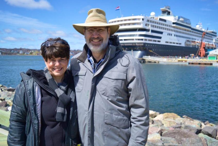 Robert and Karen Lakin of Tallahassee, Fla., stand in front of Holland America’s Veendam cruise ship, which visited the port of Sydney on Sunday. The couple was excited to have the opportunity to visit Atlantic Canada, one of the reasons they booked the trip. The Veendam was the first cruise ship of the season to visit Sydney.