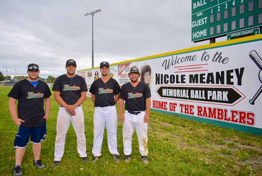 The Cape Breton Marlins will host the Nova Scotia Intermediate ‘A’ Provincial Baseball Championship this weekend at the Nicole Meaney Memorial Ball Park in Sydney Mines. The Marlins open the tournament today at 3 p.m. against the Inverness Athletics. Marlins players, from left, Tyler Rose, Chris Osmond, Ryan Lawless and Cyril Eavis.