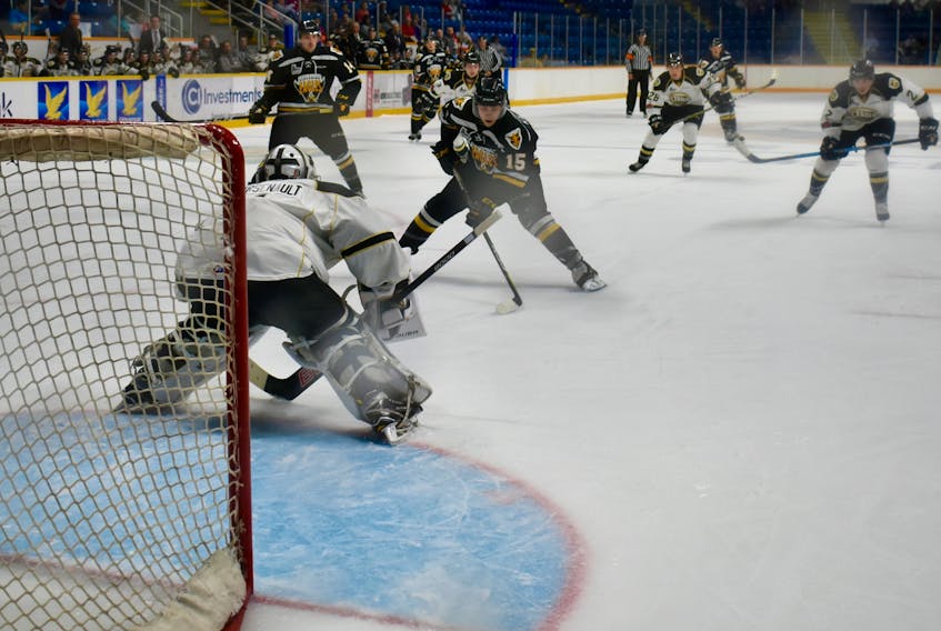 Brooklyn Kalmikov of the Cape Breton Screaming Eagles goes in on a breakaway during Quebec Major Junior Hockey League preseason action against the Charlottetown Islanders on Aug. 24. The Screaming Eagles finalized their roster on Thursday.