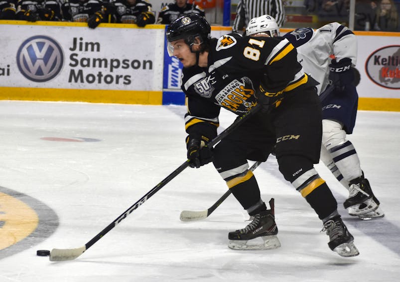 In this file photo, Mathias Laferrière of the Cape Breton Eagles carries the puck in the neutral zone during a Quebec Major Junior Hockey League President Cup playoff game against the Rimouski Océanic at Centre 200 last April. The St. Louis Blues prospect will be among the leaders on this year’s Eagles roster.