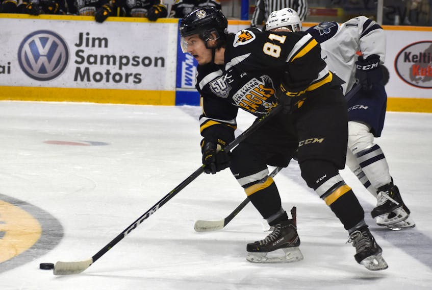 In this file photo, Mathias Laferrière of the Cape Breton Eagles carries the puck in the neutral zone during a Quebec Major Junior Hockey League President Cup playoff game against the Rimouski Océanic at Centre 200 last April. The St. Louis Blues prospect will be among the leaders on this year’s Eagles roster.
