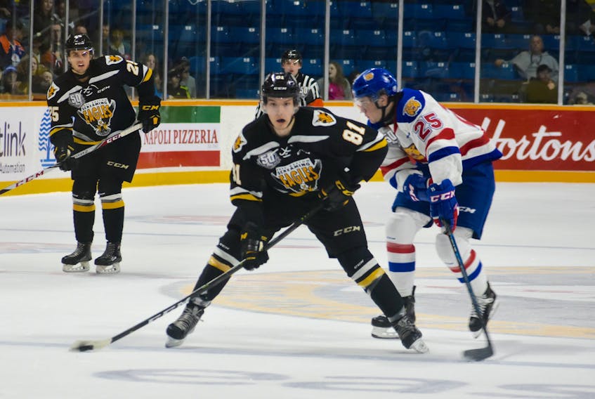 Mathias Laferrière of the Cape Breton Screaming Eagles, left, works his way into the offensive zone as Sean Stewart pressures during Quebec Major Junior Hockey League action at Centre 200 on Tuesday. Moncton won the game 4-3.