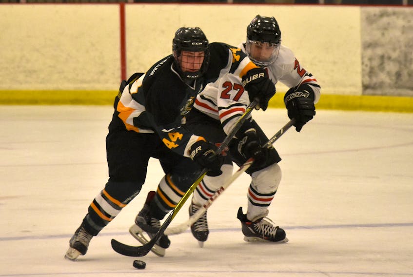 Austen MacLellan, left, of the Memorial Marauders and Christian Jackson of the Glace Bay Panthers fight for the puck during a Cape Breton High School Hockey game at the Emera Centre Northside in North Sydney, Thursday. Jackson scored the winner in a 3-2 Glace Bay win. CHRISTIAN ROACH/CAPE BRETON POST
