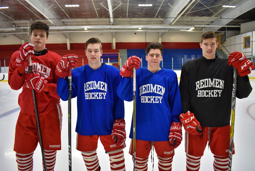 The 40th edition of the Red Cup Showcase high school hockey tournament opens on Friday at the County Recreation Centre in Coxheath. Four players who have played for the host Riverview Redmen since Grade 10 and are skating in their final Red Cup tournament, from left, are Brad Price, Jake MacDonald, team captain Josh MacKay and Brandon Grant.