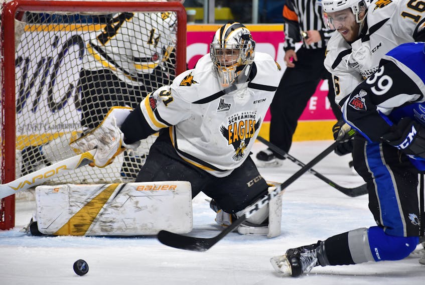 Cape Breton Screaming Eagles goaltender Kevin Mandolese made some big stops when it mattered most in a 3-2 overtime win over the Saint John Sea Dogs at Centre 200, Wednesday.